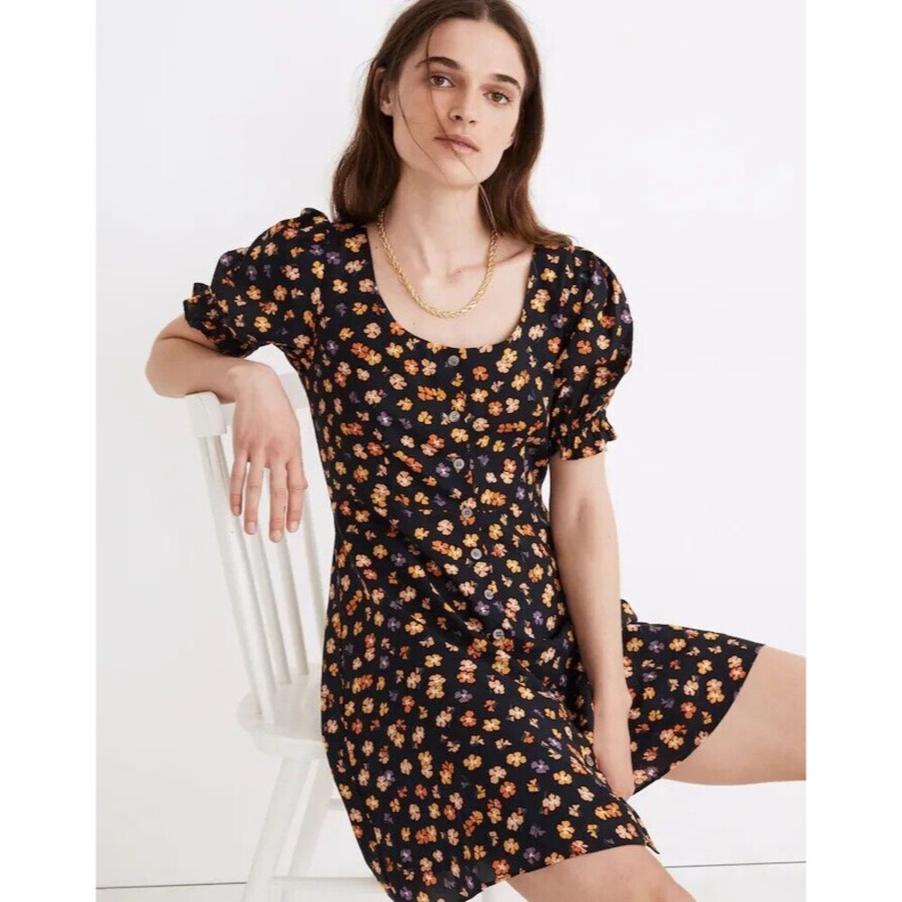 Madewell Smock-Sleeve Button-Front Mini Dress Happy Hibiscus Preppy Boho Sz 2